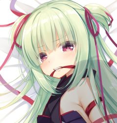 Rule 34 | 1girl, bare shoulders, bed sheet, black kimono, blush, cariboy, clenched teeth, commentary request, crying, crying with eyes open, green hair, hair between eyes, hair ribbon, japanese clothes, kimono, long hair, looking at viewer, lying, mouth hold, murasame (senren), on side, purple ribbon, red eyes, red ribbon, ribbon, ribbon in mouth, senren banka, sleeveless, sleeveless kimono, solo, tears, teeth, two side up, upper body