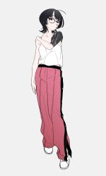 Rule 34 | 1girl, acubi tomaranai, ahoge, arm at side, bare shoulders, camisole, closed mouth, collarbone, full body, glasses, grey background, hand on own shoulder, highres, original, pants, pink pants, red eyes, shirt, shoes, shoulder tattoo, simple background, sneakers, solo, standing, tattoo, white footwear, white shirt