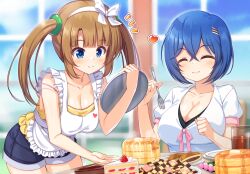 Rule 34 | 2girls, amane (senran kagura), apron, bent over, blue eyes, blue hair, bra strap, breasts, brown hair, butter, cafe, cake, cake slice, checkerboard cookie, chewing, cleavage, closed eyes, closed mouth, commission, commissioner upload, cookie, cup, dango, day, denim, denim shorts, eating, food, fork, glass, hair ornament, hairband, hairpin, heart, highres, holding, holding fork, indoors, kageira, large breasts, light blush, medium hair, minori (senran kagura), multiple girls, multiple hairpins, pancake, pancake stack, pink trim, ring hair ornament, senran kagura, shirt, short hair, shorts, sitting, skeb commission, smile, spoken heart, standing, strawberry cake, syrup, tray, twintails, wagashi, waitress, white apron, white hairband, white shirt, yellow shirt