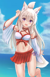 Rule 34 | 1girl, :d, absurdres, adapted costume, animal ears, arm up, bare shoulders, barefoot, bikini, blue sky, blush, breasts, cloud, commentary request, day, detached sleeves, folded ponytail, fox ears, fox girl, fox tail, hair between eyes, highres, horizon, iroha (iroha matsurika), koyoi (iroha (iroha matsurika)), leaning to the side, long hair, long sleeves, navel, ocean, open mouth, original, outdoors, pleated skirt, purple eyes, red skirt, skirt, sky, small breasts, smile, solo, standing, standing on one leg, swimsuit, tail, very long hair, water, white bikini, white hair, white sleeves, wide sleeves