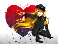 Rule 34 | 1girl, bad id, bad pixiv id, blonde hair, blue eyes, boots, female focus, full body, gradient background, hat, heart, highres, ikuni (heterodoxy), lily (vocaloid), long hair, solo, uniform, vocaloid, white background