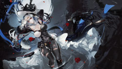 Rule 34 | 1girl, arknights, black dress, boots, breasts, cleavage, clothing cutout, covered navel, dress, hat, highres, long sleeves, omone hokoma agm, partially submerged, pelvic curtain, red eyes, shoulder cutout, silver hair, solo, specter (arknights), specter the unchained (arknights), thighs, torn clothes, torn legwear