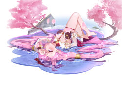 Rule 34 | 1girl, absurdres, afloat, bare legs, barefoot, blush, breasts, cherry blossoms, cleavage, elf, elysia (herrscher of human: ego) (honkai impact), elysia (honkai impact), elysia (peachy spring) (honkai impact), falling petals, gude (gudechang), hair between eyes, highres, hill, honkai (series), honkai impact 3rd, long hair, looking at viewer, open mouth, petals, pink eyes, pink hair, pointy ears, shorts, solo, teeth, upside-down, very long hair, water, white shorts