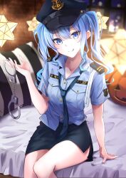 Rule 34 | 1girl, absurdres, black hat, blue eyes, blue hair, halloween, hat, highres, hololive, hoshimachi suisei, looking at viewer, police, short hair, short sleeves, sitting, smile, solo, tilu, twintails, virtual youtuber