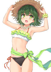 Rule 34 | 1girl, :d, armpits, arms up, bare arms, bare shoulders, bikini, blush, breasts, commentary request, cowboy shot, cu-no, flower, flower necklace, green eyes, green hair, green ribbon, hands on headwear, hat, hisen kaede, jewelry, looking at viewer, mismatched bikini, navel, necklace, nonono futaba, open mouth, ribbon, short hair, side-tie bikini bottom, simple background, small breasts, smile, solo, standing, straw hat, swimsuit, thigh gap, white background, wrist cuffs
