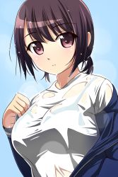 Rule 34 | 1girl, bra, breasts, brown eyes, brown hair, female focus, highres, large breasts, matsunaga kouyou, off shoulder, original, see-through, shirt, short hair, short twintails, simple background, solo, twintails, underwear, wet, wet clothes, wet shirt