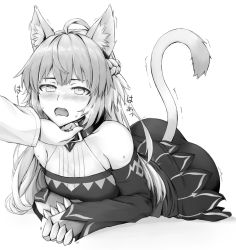 Rule 34 | 1girl, ahoge, animal ears, ass, atalanta (fate), atalanta alter (fate), atalanta alter (first ascension) (fate), blush, cat ears, cat tail, cold (hoshinoskull), collar, detached sleeves, fang, fate/grand order, fate (series), greyscale, hand on another&#039;s chin, headpat, highres, long hair, monochrome, solo focus, stroking another&#039;s chin, sweat, tail, twitching