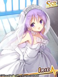 10s 1girl angel_beats! bridal_veil choker dress elbow_gloves female_focus gloves irie_miyuki long_hair miyoshino purple_eyes purple_hair solo tiara veil wedding_dress