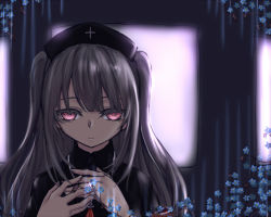 Rule 34 | 1girl, black dress, black hat, blue flower, blunt bangs, chinese commentary, closed mouth, collared dress, commentary request, dress, expressionless, eyelashes, flower, grey hair, hat, indie virtual youtuber, long hair, looking at viewer, minai karte, nurse cap, red eyes, solo, two side up, upper body, virtual youtuber, yeklsa