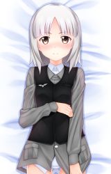 Rule 34 | 10s, 1girl, animal ears, bed sheet, blush, brave witches, brown eyes, dakimakura (medium), edytha rossmann, fox ears, from above, looking at viewer, lying, medal, military, military uniform, okina ika, on back, panties, short hair, silver hair, solo, strike witches, underwear, uniform, world witches series