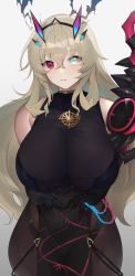 Rule 34 | 1girl, armor, bare shoulders, black dress, blonde hair, blush, breasts, brown pantyhose, chain, dress, earrings, barghest (fate), barghest (second ascension) (fate), fate/grand order, fate (series), gauntlets, green eyes, heterochromia, highres, horns, jewelry, large breasts, long hair, looking at viewer, necklace, pantyhose, pauldrons, pelvic curtain, red eyes, shoulder armor, sideboob, single gauntlet, single pauldron, solo, tan (inka), thighs