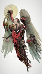 Rule 34 | 1girl, adeptus mechanicus, blonde hair, book, cable, colored eyelashes, highres, long hair, mechanical arms, mossacannibalis, servo-skull, skull, torn clothes, warhammer 40k, wings