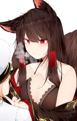 Rule 34 | 1girl, absurdres, akagi (azur lane), ambiguous gender, animal ears, azur lane, bare shoulders, bra, breasts, brown bra, brown hair, brown kimono, brown tail, cleavage, commander (azur lane), heart, heart-shaped pupils, highres, japanese clothes, kimono, kitsune, lace, lace-trimmed bra, lace trim, large breasts, long hair, orange hair, red eyes, samip, simple background, symbol-shaped pupils, underwear, white background