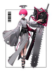 Rule 34 | 1girl, asymmetrical clothes, asymmetrical sleeves, bad id, bad pixiv id, barcode, bare shoulders, blue eyes, chainsaw, clothing cutout, earrings, full body, halo, highres, huge weapon, jewelry, mechanical halo, original, pink hair, platform footwear, short hair, shoulder cutout, sleeves past wrists, smile, solo, stud earrings, tsuki-shigure, tube, uneven sleeves, weapon, white background