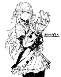 Rule 34 | 1girl, assault lily, bow, character name, closed mouth, commentary request, cowboy shot, dress, frilled dress, frills, greyscale, hair bow, hair ribbon, hand on own arm, hands up, layered dress, long hair, long sleeves, looking at viewer, luise ingels, monochrome, neck ribbon, outstretched hand, pantyhose, power fist, ribbon, short dress, sidelocks, simple background, smirk, solo, translated, tsukinami kousuke, v-shaped eyebrows, very long hair, white background, wide sleeves