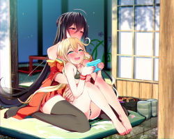 Rule 34 | 2girls, ahoge, albacore (azur lane), azur lane, bare shoulders, bikini, black hair, black legwear, blonde hair, blush, breasts, commentary request, dress, fang, green bikini, green eyes, hair between eyes, hair ornament, highres, hug, hug from behind, japanese clothes, kimono, large breasts, long hair, looking at viewer, monobe yuri, multiple girls, off shoulder, open mouth, red dress, red eyes, red kimono, sitting, small breasts, smile, swimsuit, taihou (azur lane), thighhighs, very long hair, yuri