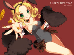 Rule 34 | 10s, 1girl, 2011, :q, animal ears, bare legs, bare shoulders, blonde hair, bow, bowtie, breasts, cleavage, coin, fake animal ears, fingernails, green eyes, kayou (kayou-bi), leotard, looking at viewer, medium breasts, new year, original, playboy bunny, rabbit ears, rabbit tail, short hair, simple background, solo, tail, thighs, tongue, tongue out, wrist cuffs