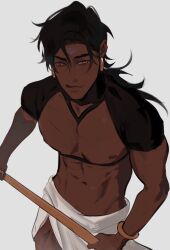 Rule 34 | 1boy, abs, anpu (monmeon), black hair, black shrug, brown eyes, closed mouth, cowboy shot, dangle earrings, dark-skinned male, dark skin, earrings, facial mark, forehead mark, from above, highres, jewelry, large pectorals, licking lips, long hair, male focus, monmeon, muscular, muscular male, navel, nipples, original, pectorals, short sleeves, shrug (clothing), simple background, solo, stomach, tongue, tongue out, white background, white loincloth