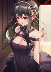 Rule 34 | 0 0, 2girls, anya (spy x family), bare shoulders, black dress, black hair, breasts, cleavage, commentary request, dagger, dress, gold hairband, hairband, highres, holding, holding dagger, holding knife, holding weapon, indoors, knife, long hair, looking at viewer, multiple girls, parted lips, pink hair, red eyes, sparkle, spy x family, weapon, yan (nicknikg), yor briar