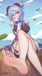 Rule 34 | 1girl, absurdres, ahoge, bare legs, bare shoulders, barefoot, blue hair, blue sky, breasts, cloud, commentary, crossed legs, day, detached sleeves, foot out of frame, ganyu (genshin impact), genshin impact, grin, hand up, highres, horns, large breasts, leaf, long hair, long sleeves, looking at viewer, miniskirt, purple eyes, sitting, skirt, sky, smile, solo, thighs, white skirt, xiumu bianzhou