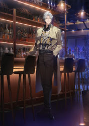 Rule 34 | 1boy, alcohol, bar (place), belt, black belt, black footwear, black pants, bottle, ceiling light, closed mouth, coat, grey hair, highres, indoors, keg (container), light and night love, male focus, official art, open clothes, open coat, pants, plant, potted plant, ryota-h, shirt, shoes, short hair, smile, solo, standing, stool, yellow coat