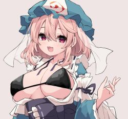 Rule 34 | 1girl, absurdres, bikini, black bikini, blue hat, breasts, cleavage, commentary request, grey background, hat, highres, hira-san, large breasts, looking at viewer, mob cap, paid reward available, pink hair, red eyes, saigyouji yuyuko, sash, short hair, sidelocks, simple background, solo, swimsuit, touhou, triangular headpiece, upper body