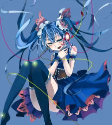 Rule 34 | 1girl, absurdres, blue eyes, blue hair, corset, dress, floating hair, hatsune miku, headset, highres, hoshino kisora, matching hair/eyes, simple background, sitting, solo, thighhighs, twintails, vocaloid