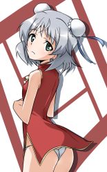 Rule 34 | 1girl, ass, bare shoulders, blush, bun cover, china dress, chinese clothes, double bun, dress, from behind, green eyes, hair bun, highres, looking back, panties, sanya v. litvyak, short hair, silver hair, smile, solo, strike witches, underwear, world witches series, yumekaranigeruna