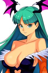 Rule 34 | 1girl, bare shoulders, black leotard, blunt bangs, blush, breasts, capcom, cleavage, clothing cutout, collarbone, demon girl, green eyes, green hair, head wings, heart cutout, highres, large breasts, leotard, long hair, looking at viewer, matching hair/eyes, morrigan aensland, parted lips, simple background, smgold, smile, solo, upper body, vampire (game), white background, wings