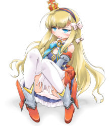 Rule 34 | 1girl, anbee (arary), azur lane, bare shoulders, blonde hair, blue dress, blue eyes, blush, bow, breasts, covering privates, covering crotch, crown, detached sleeves, dress, embarrassed, fang, female focus, full body, gloves, hair bow, hair ornament, hairband, half-closed eyes, have to pee, knees together feet apart, long hair, mini crown, open mouth, own hands together, panties, pantyshot, pigeon-toed, queen elizabeth (azur lane), red footwear, shoes, simple background, sitting, small breasts, smile, solo, strapless, strapless dress, teeth, thighhighs, underwear, upskirt, v arms, white background, white bow, white gloves, white panties, white thighhighs