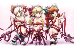 Rule 34 | 3girls, aqua eyes, ass, blonde hair, breasts, christmas, covering breasts, covering privates, earrings, grin, hair over one eye, hat, highres, jay phenrix, jewelry, long hair, looking at viewer, mario (series), multiple girls, naked ribbon, navel, nintendo, nude, nude cover, princess, princess daisy, princess peach, ribbon, rosalina, short hair, sideboob, smile, striped clothes, striped legwear, striped thighhighs, super mario bros. 1, super mario galaxy, super mario land, thighhighs, underboob