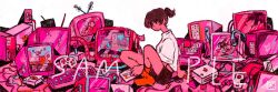 Rule 34 | 1girl, ankle socks, artist logo, black eyes, brown hair, brown shorts, cable, closed mouth, computer, controller, crt, full body, game controller, headphones, junk, keyboard (computer), loading screen, midriff peek, monitor, mouse (computer), no sclera, original, pink background, pink theme, plug, red socks, sample watermark, shirt, short hair, short ponytail, short sleeves, shorts, simple background, sitting, socks, solo, sticky note, television, tsurikawa373, watermark, white background, white shirt
