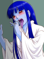 Rule 34 | blue hair, blue skin, blush, colored skin, long hair, devil survivor, tongue, yuki jyorou (shin megami tensei)
