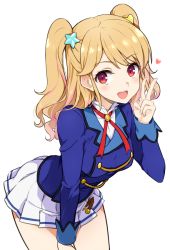 Rule 34 | 10s, 1girl, :d, aikatsu!, aikatsu! (series), arched back, arm support, blonde hair, blue jacket, blush, bolo tie, breasts, buttons, cowboy shot, double-breasted, eyelashes, hair ornament, heart, heart hair ornament, jacket, leaning forward, long hair, long sleeves, looking at viewer, medium breasts, minatsuki randoseru, miniskirt, multicolored hair, natsuki mikuru, open mouth, pink hair, pleated skirt, red eyes, red ribbon, ribbon, school uniform, shiny skin, shirt, simple background, skirt, smile, solo, star (symbol), star hair ornament, streaked hair, two side up, v, white background, white shirt, white skirt