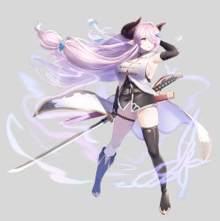 Rule 34 | 1girl, arm up, asymmetrical footwear, belt, blue eyes, boots, braid, breasts, draph, fingerless gloves, full body, gloves, gooak, granblue fantasy, grey background, hair ornament, hair over one eye, hairclip, holding, holding sword, holding weapon, horns, katana, large breasts, long hair, looking away, low-tied long hair, narmaya (granblue fantasy), parted lips, pink hair, pointy ears, sheath, shiny skin, simple background, standing, sword, thigh boots, thigh strap, thighhighs, uneven footwear, very long hair, weapon