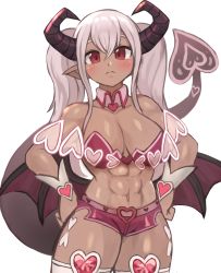 Rule 34 | 1girl, abs, absurdres, alp (monster girl encyclopedia), bat wings, blush, breasts, cleavage, closed mouth, commentary, commission, dark skin, dark-skinned female, demon girl, demon horns, demon tail, detached collar, english commentary, hands on own hips, heart, highres, horns, long hair, looking at viewer, monster girl encyclopedia, muscular, muscular female, navel, pink shorts, pixiv commission, red eyes, short shorts, shorts, silver hair, simple background, solo, sookmo, standing, tail, thighhighs, thighs, twintails, white background, wide hips, wings