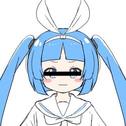 Rule 34 | 1girl, bar censor, blue eyes, blue hair, blush stickers, censored, closed mouth, hair ribbon, hairband, highres, identity censor, long hair, looking at viewer, nipako, ribbon, sailor collar, shika (s1ka), shirt, sidelocks, simple background, smile, solo, straight-on, twintails, ultimate nipper, upper body, white background, white hairband, white ribbon, white sailor collar, white shirt