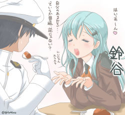 Rule 34 | 10s, 1boy, 1girl, admiral (kancolle), ascot, black hair, blue hair, curry, curry rice, closed eyes, food, hair ornament, hairclip, hat, heart, jack (slaintheva), jacket, kantai collection, long hair, long sleeves, military, military uniform, open mouth, peaked cap, rice, short hair, spoon, suzuya (kancolle), translation request, twitter username, uniform
