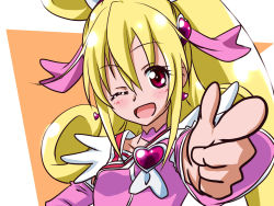 Rule 34 | 1girl, ;d, aida mana, blonde hair, brooch, choker, cure heart, dokidoki! precure, finger gun, florence temporary, heart, heart brooch, long hair, magical girl, one eye closed, open mouth, pink eyes, ponytail, precure, smile, solo, wink