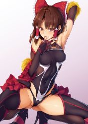 Rule 34 | 1girl, armpits, bare shoulders, black thighhighs, blush, bow, breasts, brown eyes, brown hair, cosplay, covered erect nipples, covered navel, detached sleeves, elbow gloves, finger in own mouth, frilled bow, frills, gloves, gluteal fold, hair bow, hair ribbon, hair tubes, hakurei reimu, high heels, highres, leotard, long hair, looking at viewer, medium breasts, mizuki yukikaze, mizuki yukikaze (cosplay), red bow, ribbon, sidelocks, simple background, smile, solo, sy4, taimanin (series), taimanin suit, tan, thighhighs, touhou