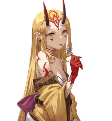 Rule 34 | 1girl, absurdres, bare shoulders, blonde hair, breasts, candy, cleavage, earrings, eyeliner, facial mark, fate/grand order, fate (series), fingernails, food, forehead mark, highres, holding, holding candy, holding food, holding lollipop, horns, ibaraki douji (fate), japanese clothes, jewelry, kimono, lollipop, long hair, looking at viewer, makeup, oni, oni horns, pointy ears, sharp fingernails, simple background, slit pupils, small breasts, solo, tattoo, tesin (7aehyun), tongue, tongue out, very long hair, white background, yellow eyes, yellow kimono