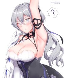 Rule 34 | 1girl, 2022, :&lt;, ?, arm up, armpits, artist name, breasts, bronya zaychik, bronya zaychik (silverwing: n-ex), cleavage, closed mouth, dated, dress, drill hair, earrings, empty eyes, grey eyes, grey hair, highres, honkai (series), honkai impact 3rd, jewelry, large breasts, long hair, looking at viewer, presenting armpit, simple background, solo, spoken question mark, twin drills, uki (kiw kiu), upper body, very long hair, white background, white dress