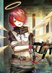 Rule 34 | 1girl, arknights, artist name, black gloves, clothes writing, detached wings, exusiai (arknights), fingerless gloves, gloves, gun, hair over one eye, head tilt, highres, holding, holding gun, holding weapon, kriss vector, looking at viewer, name tag, nkyoku, open mouth, orange eyes, pantyhose, penguin logistics (arknights), red hair, short hair, smile, solo, submachine gun, teeth, tongue, tongue out, weapon, wings, yellow wings