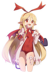 Rule 34 | 1girl, absurdres, bat wings, blonde hair, bow, bowtie, covered navel, demon tail, disgaea, flonne, flonne (fallen angel), hairband, highres, long hair, looking at viewer, ohihil, open mouth, red bow, red eyes, red hairband, red wings, simple background, smile, solo, tail, tail bow, tail ornament, white background, white bow, wings