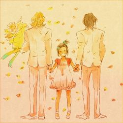 Rule 34 | 10s, 1girl, 2boys, age difference, bad id, bad pixiv id, barnaby brooks jr., blonde hair, bouquet, braid, braided bangs, brown hair, dcr, dress, closed eyes, father and daughter, flower, formal, from behind, full body, hair ornament, hairclip, holding hands, kaburagi kaede, kaburagi t. kotetsu, multiple boys, petals, plant, short hair, side ponytail, suit, tiger &amp; bunny