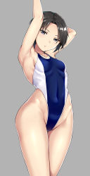 Rule 34 | 1girl, armpits, arms up, black eyes, black hair, breasts, collarbone, competition swimsuit, covered navel, cowboy shot, forehead, grey background, hashi, highleg, highleg swimsuit, looking at viewer, one-piece swimsuit, original, simple background, small breasts, solo, standing, swimsuit, two-tone swimsuit