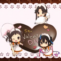 Rule 34 | 3girls, alternate costume, apron, blush, brown eyes, brown hair, candy, chibi, chocolate, chocolate heart, commentary request, dress, enmaided, food, frills, gloves, hair between eyes, heart, jintsuu (kancolle), kantai collection, koruri, looking at viewer, maid, maid apron, maid headdress, multiple girls, naka (kancolle), pastry bag, puffy short sleeves, puffy sleeves, ribbon, sendai (kancolle), shoes, short sleeves, simple background, smile, standing, whisk, white legwear