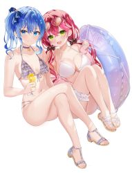 Rule 34 | 2girls, :d, ahoge, bare legs, bikini, blue eyes, blue hair, blush, breasts, bridal garter, choker, cleavage, closed mouth, crossed bangs, crossed legs, cup, drinking straw, eyewear on head, frilled bikini, frills, front-tie bikini top, front-tie top, full body, green eyes, grey bikini, hair between eyes, hair ornament, hair ribbon, hairclip, halterneck, highres, holding, holding cup, hololive, hoshimachi suisei, invisible chair, knees together feet apart, large breasts, legs, long hair, looking at viewer, motsunuki, multi-strapped bikini, multiple girls, navel, open mouth, red hair, ribbon, sakura miko, sandals, side ponytail, simple background, sitting, small breasts, smile, string bikini, swimsuit, twintails, virtual youtuber, white background, x hair ornament