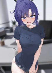 Rule 34 | 1girl, absurdres, arm behind back, awnw, black shirt, blue archive, blurry, blurry background, blush, breasts, breath, covering crotch, covering privates, cum, cumdrip, halo, highres, indoors, looking at viewer, medium breasts, purple eyes, purple hair, shirt, shirt tug, short sleeves, solo, steaming body, sweat, twitter username, yuuka (blue archive)