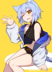 Rule 34 | 1girl, bare shoulders, black shirt, black shorts, blue hair, breasts, brown eyes, commentary request, crop top, fang, feet out of frame, fur-trimmed jacket, fur trim, hair between eyes, hand up, highres, jacket, long sleeves, looking at viewer, medium breasts, midriff, one eye closed, open clothes, open jacket, original, puffy long sleeves, puffy sleeves, ryota tentei, shadow, shirt, short shorts, shorts, simple background, sleeveless, sleeveless shirt, smile, solo, tora tentei, white jacket, yellow background